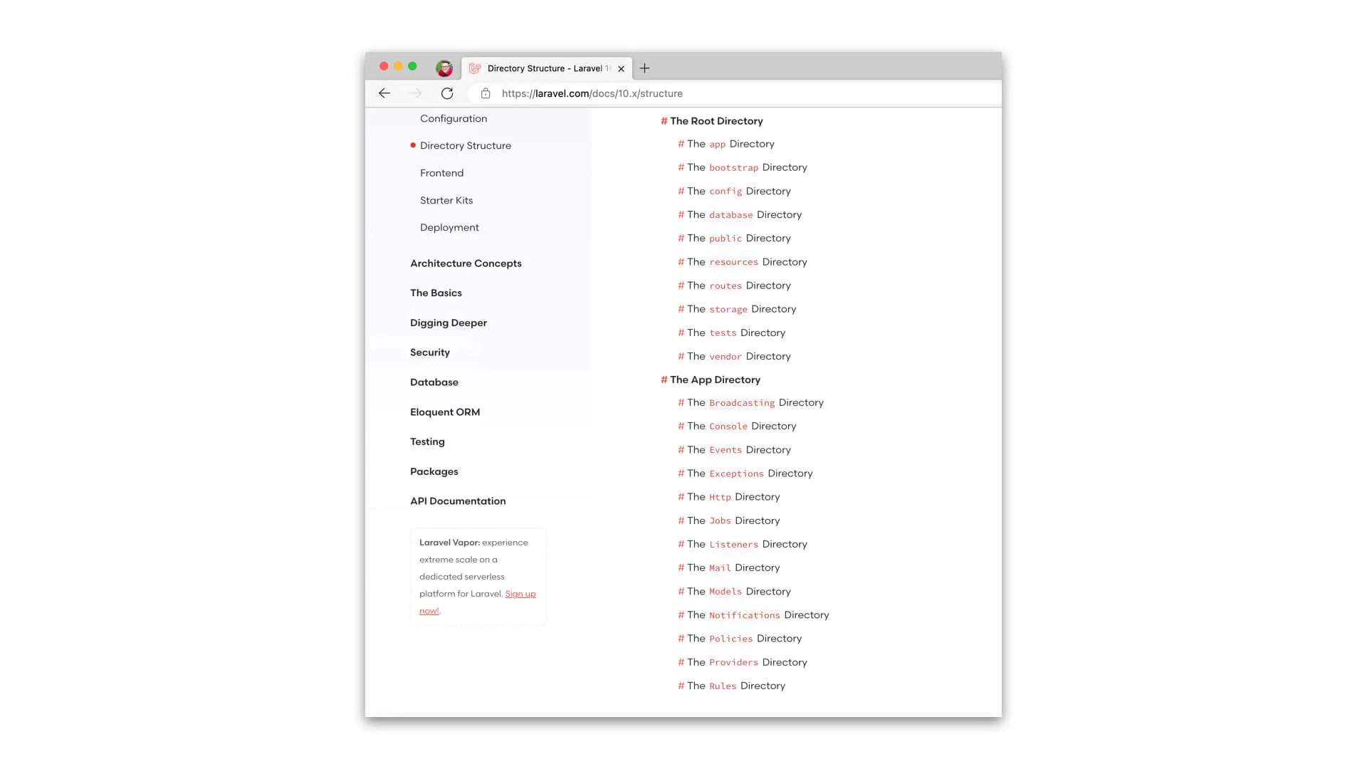 A screenshot of Laravel.com's recommended project directory structure