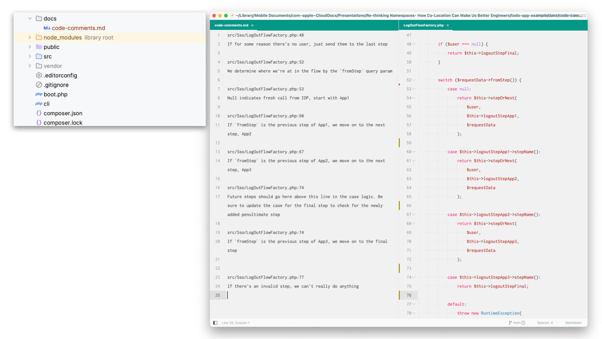 A screenshot of code comments in a separate document from the code