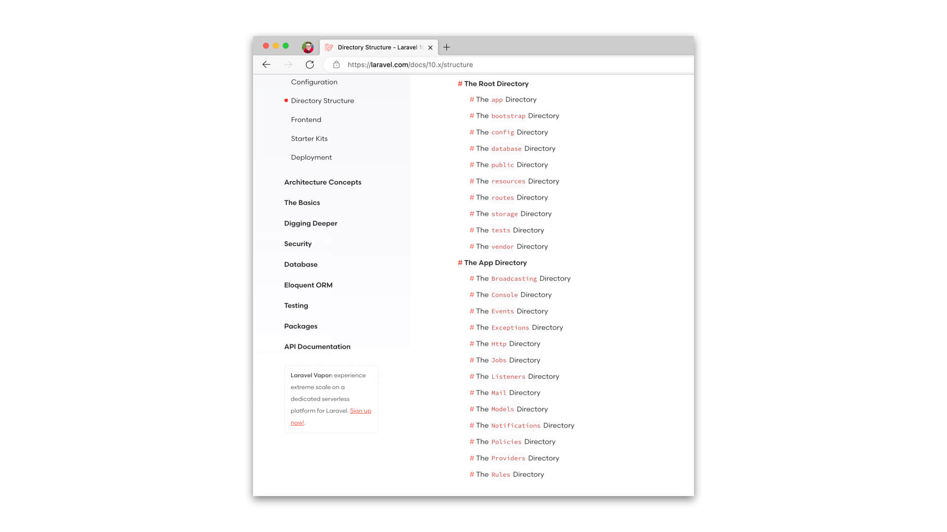 A screenshot of Laravel.com's recommended project directory structure