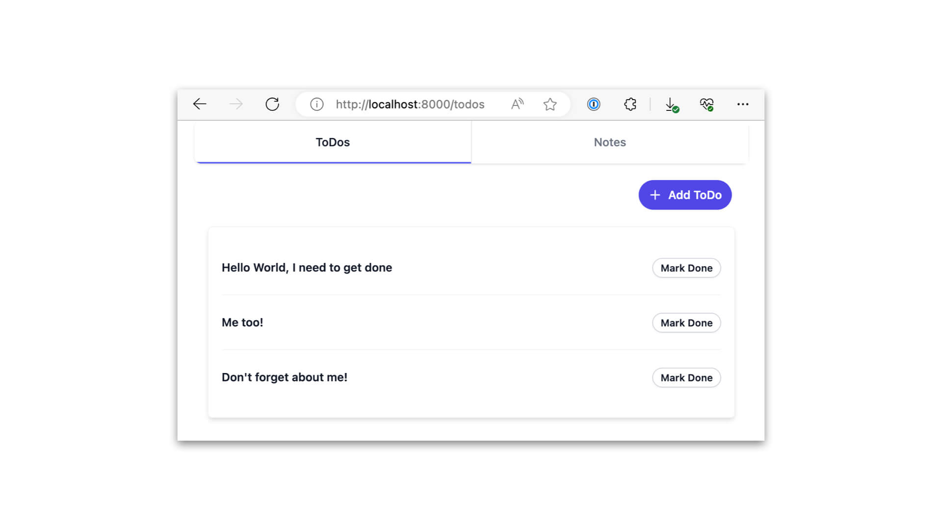 A screenshot of the todo listing feature of a todo/notes demo app